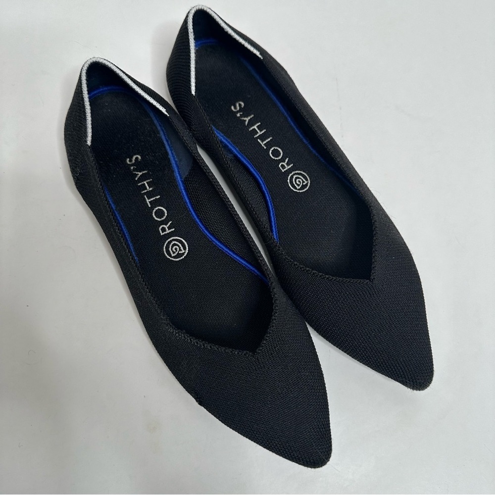 Rothy's Black Pointed Flats with Blue Trim - Picture 2 of 7